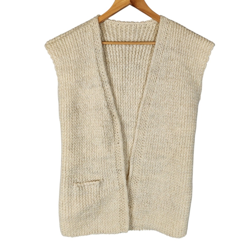 Hand Knit Fisherman Cardigan Unisex OS Ivory Chunky Wool Open Front Pocket